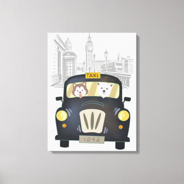 Black London Taxi Cab driven by Dogs Canvas Print (Front)