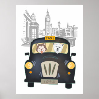 Black London Taxi Cab driven by Dogs Poster