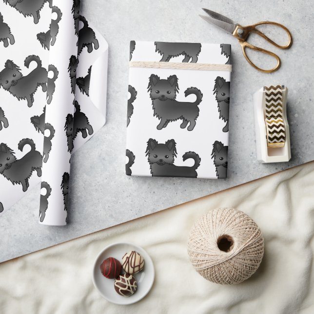 Black Long Coat Chihuahua Cute Dog Pattern Wrapping Paper (Crafts)