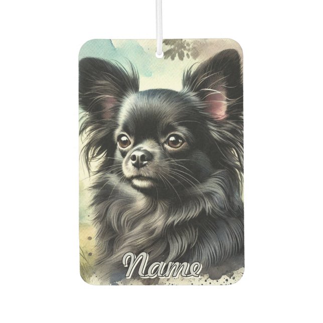 Black Long-Haired Chihuahua in Watercolor Car Air Freshener (Front)