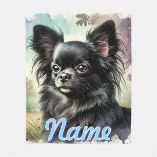 Black Long-Haired Chihuahua in Watercolor Fleece Blanket