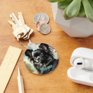 Black Long-Haired Chihuahua in Watercolor Key Ring