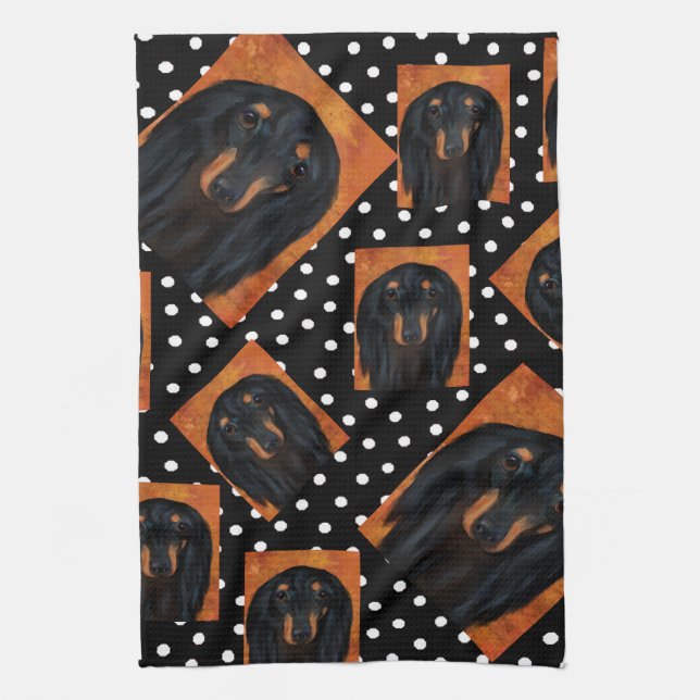 Black Long Haired Dachshund     Tea Towel (Vertical)