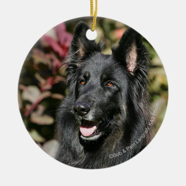 Black Long Haired German Shepherd Ceramic Tree Decoration (Front)