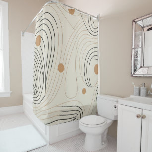 Black Looping Lines and Beige Dots on Cream Shower Curtain