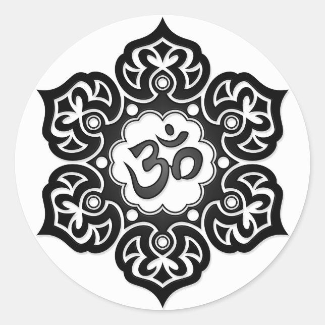 Black Lotus Flower Om on White Classic Round Sticker (Front)