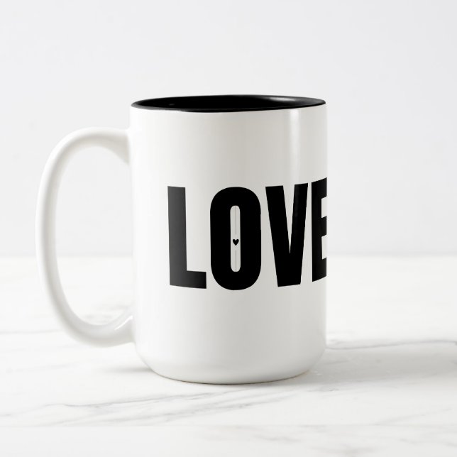 Black LOVE Typography Two-Tone Coffee Mug (Left)