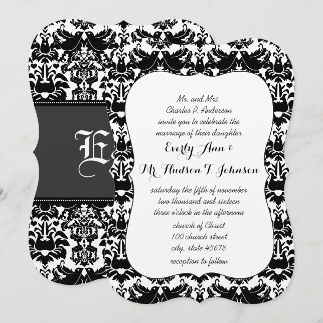 Black Lovebird Damask Wedding Invitation (Front/Back)