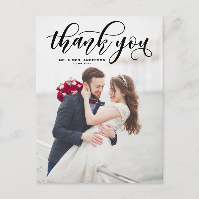 Black Lovely Modern Calligraphy Wedding Thank You Postcard (Front)