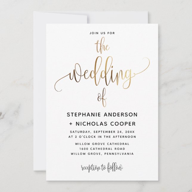  Black Lovely Script Typography Wedding Gold Invitation (Front)
