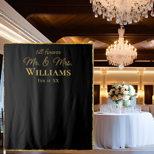 Black Luxe Gold Edge Mr Mrs Wedding Wall Backdrop Tapestry