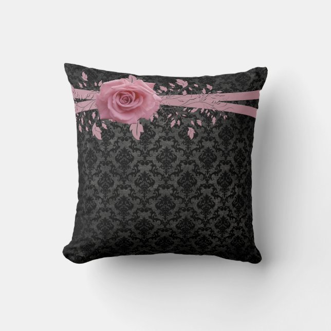 Black Luxury Damask Pink Rose Pillow (Front)