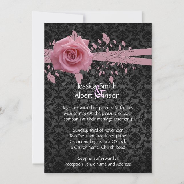 Black Luxury Damask Pink Rose Wedding Invite (Front)