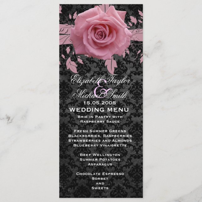 Black Luxury Damask Pink Rose Wedding Menu (Front)