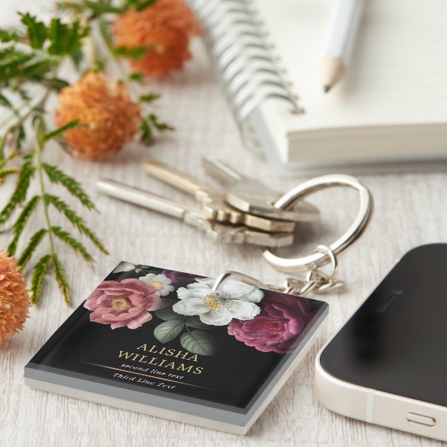 Black Luxury Floral Gold Personalised Key Ring (Front Right)