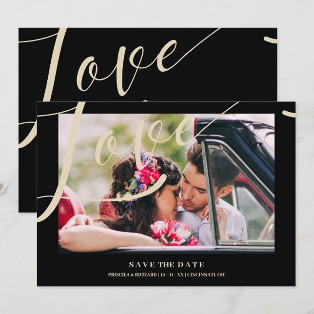 Black Luxury Simple Love Quote Golden Effect Photo Save The Date (Front/Back)