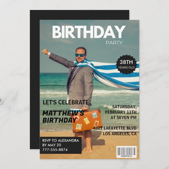 Black Magazine Humour Photo 38th birthday Invitation (Front/Back)