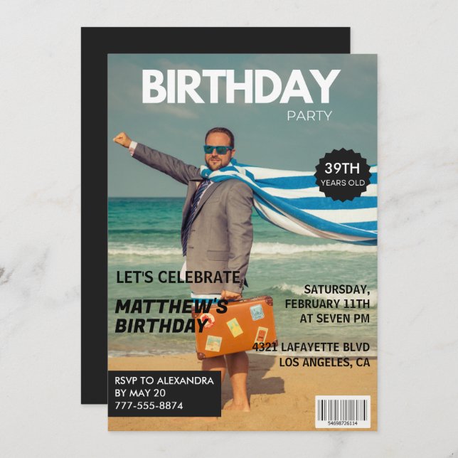 Black Magazine Humour Photo 39th birthday Invitation (Front/Back)