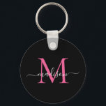 Black Magenta Pink Monogram Name Elegant Script Key Ring<br><div class="desc">Simple Black Magenta Hot Pink Monogram Elegant Modern Script Keychain</div>