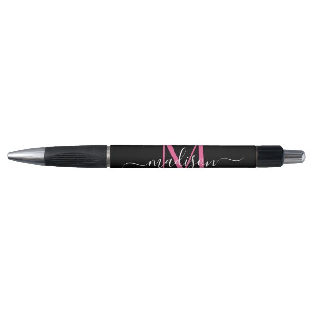 Black Magenta Pink Monogram Script Name Stylish (Front)