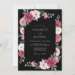 Black Magenta Ranunculus Eucalyptus Wedding Invitation