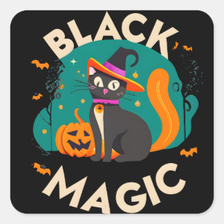 Black magic cute witch cat, Halloween theme design Square Sticker