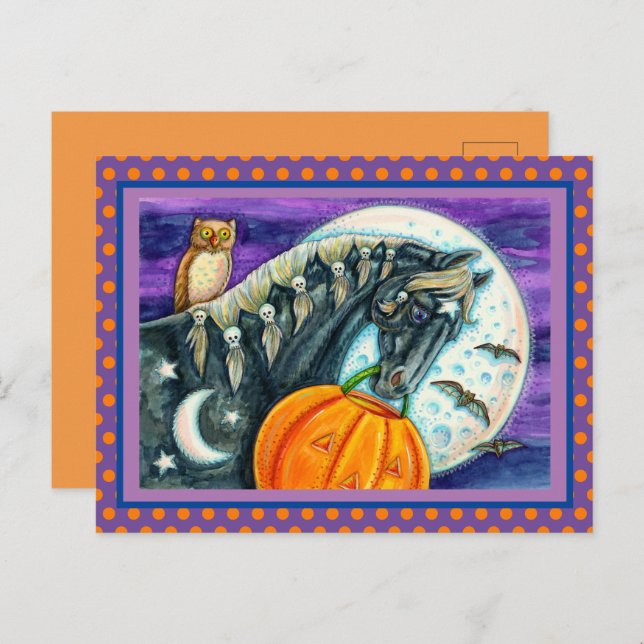 BLACK MAGIC HORSE, OWL, JACK O LANTERN & SKULLS HOLIDAY POSTCARD (Front/Back)