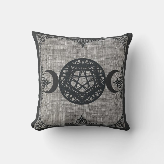 Black Magic Triple Moon Pentagram Vintage Wiccan Cushion (Front)