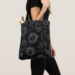 Black Magic Vintage Celestial Sun Moon Stars Tote Bag
