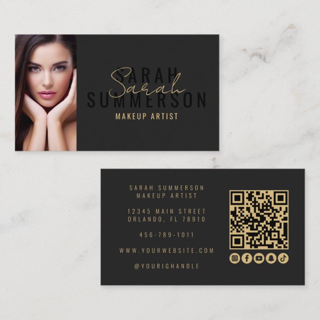 Black Makeup Artist Beauty Salon QR Code Photo Business Card (Front/Back)