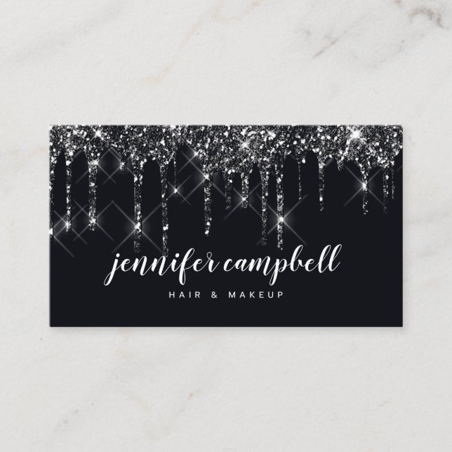 Black makeup artist hair stylist glitter drips business card (Front)