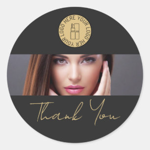Black Makeup Beauty Salon Business Logo Thank You Classic Round Sticker