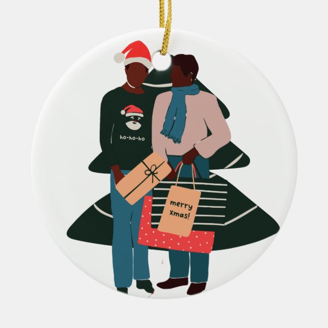 Black Male Couple Christmas Ceramic Tree Decoration (Front)