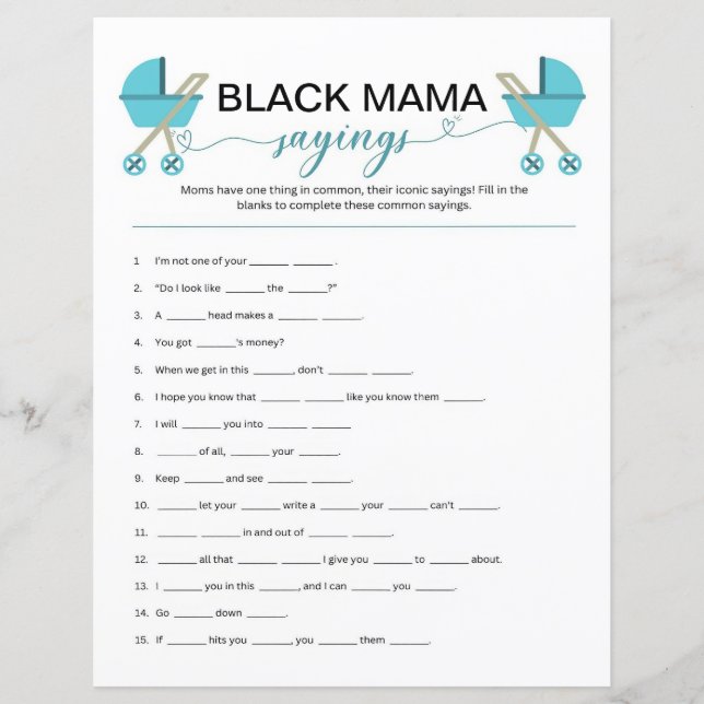 Black Mama Sayings Game, Black Baby Shower Game (Front)
