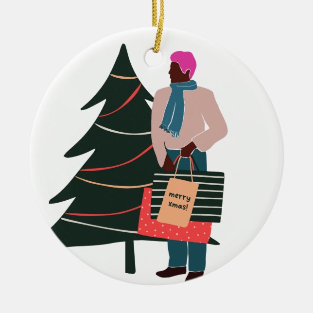 Black Man Pink Hair Christmas Ceramic Tree Decoration (Front)
