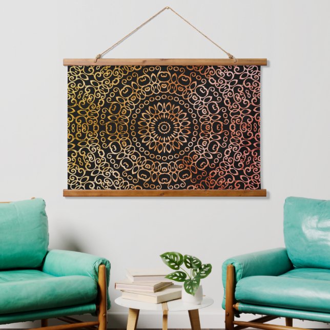    Black Mandala Elegant Trippy Psychedelic Hippie Hanging Tapestry (Living Room)