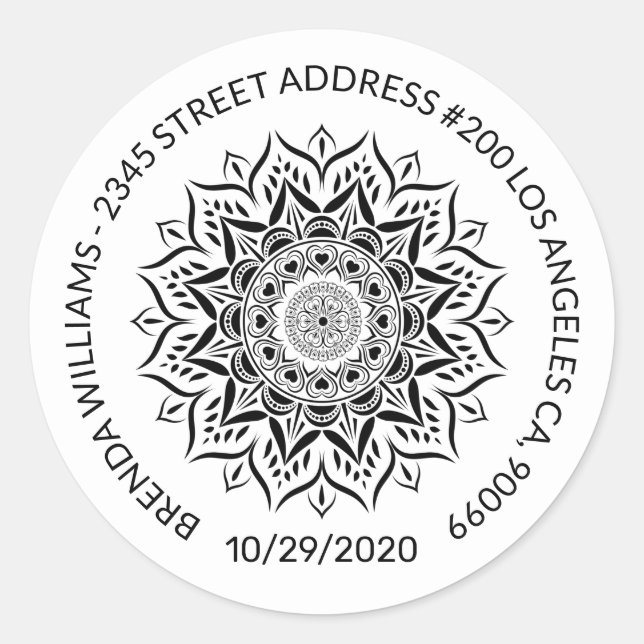 Black mandala hearts and swirls classic round sticker (Front)