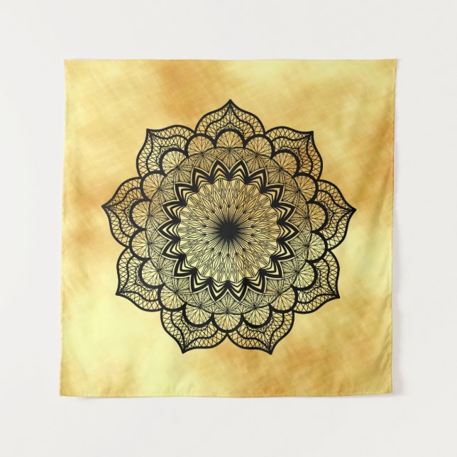 Black Mandala on Gold Background Square Tapestry (Front)