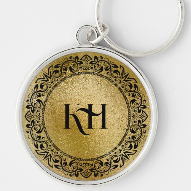 Black Mandala on Iridescent Gold Texture Key Ring (Front)