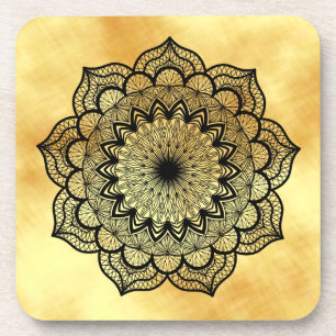 Black Mandala on Soft Gold Background Coaster
