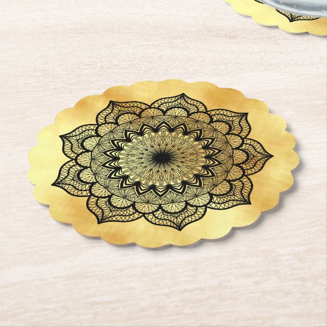 Black Mandala on Soft Gold Background coasters (Angled)