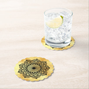Black Mandala on Soft Gold Background coasters