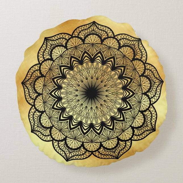 Black Mandala on Soft Gold Background Cushion (Back)