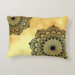 Black mandala on soft gold background decorative cushion
