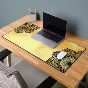 Black Mandala on Soft Gold Background Desk Mat