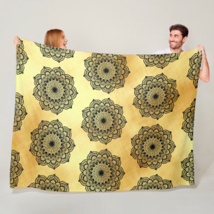Black Mandala on Soft Gold Background Fleece Blanket