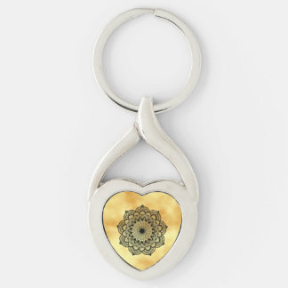 Black mandala on soft gold background key ring