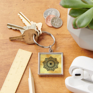 Black Mandala on Soft Gold Background Key Ring