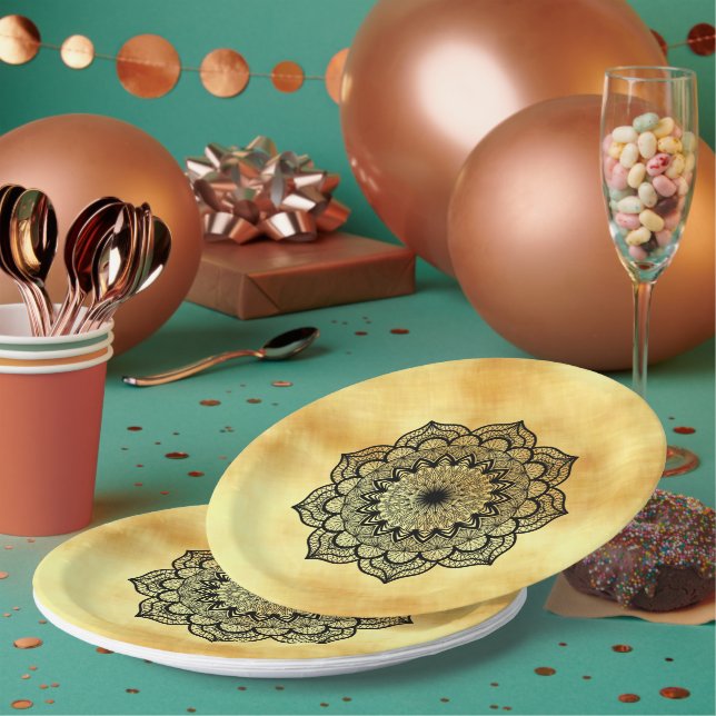 Black Mandala on Soft Gold Background Paper Plate (Multi)