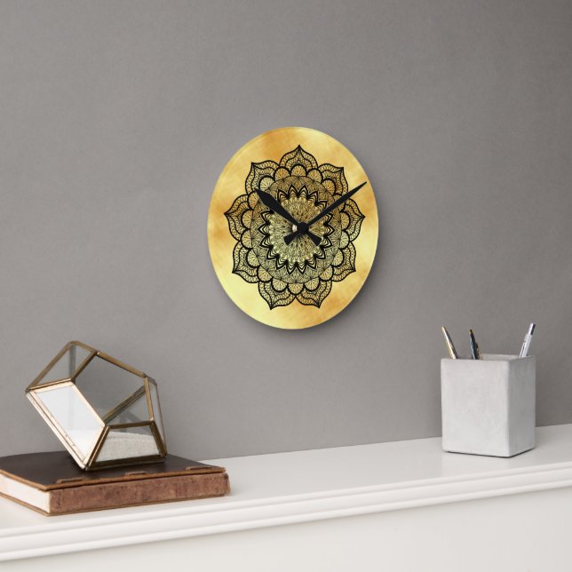 Black Mandala on Soft Gold Background Round Clock (Office)